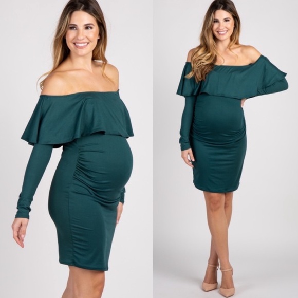 Pinkblush Emerald Green Ruffle Off The Shoulder Long Sleeve Maternity Mini Dress - Picture 10 of 10